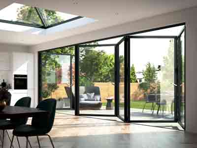 grey aluminium bifold doors opening outwards
